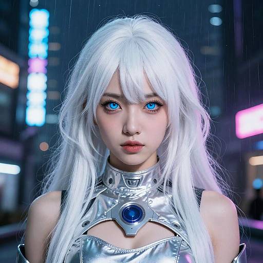 Digital anime-style photograph of a pale-skinned woman with long white hair, blue eyes, and a shiny silver futuristic outfit, standing in a rainy,