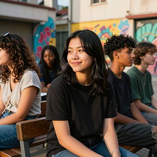Photograph of a smiling Asian woman with straight black hair, wearing a black t-shirt, sitting on a bench with diverse group of teenagers in casual clothes