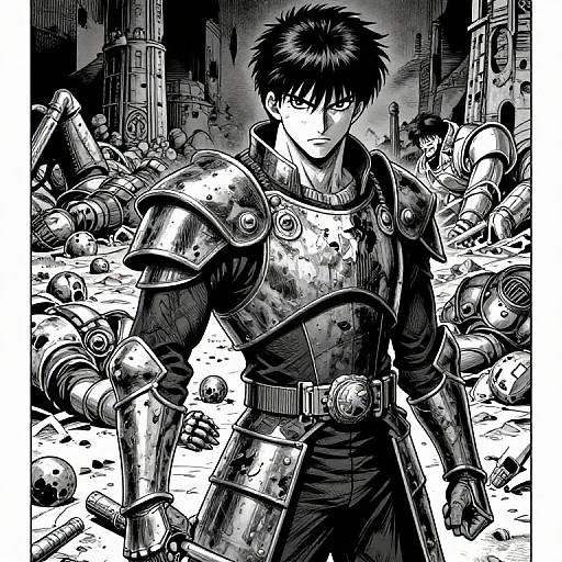 Manga-style black and white drawing of a serious young man in blood-stained armor standing amid a battlefield of fallen, robotic enemies.
