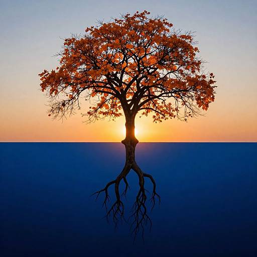 Photograph of a solitary tree with vibrant orange leaves silhouetted against a sunset, casting a reflection on a dark blue horizon.