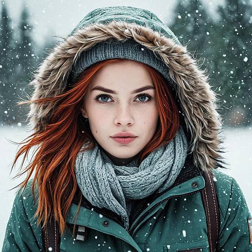 Red Haired Woman in Winter Jacket with Fur Hood