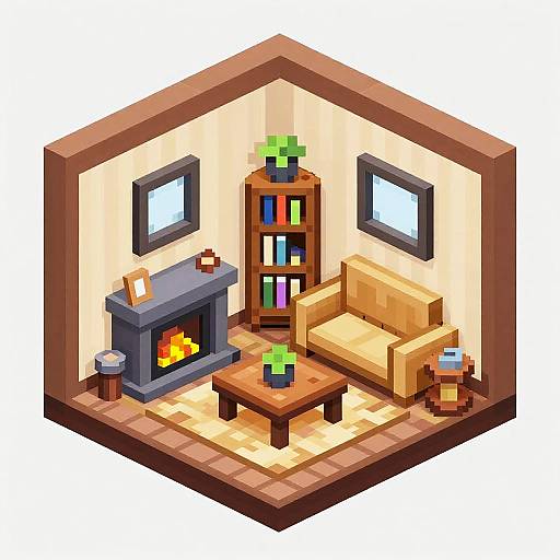 Pixel art of cozy living room: beige sofa, brown fireplace with lit fire, wooden table with plant, bookshelf, two wall-mounted TVs.