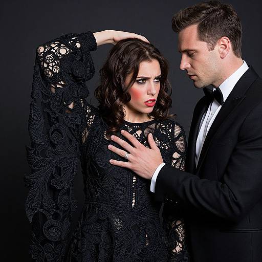 Photograph of a dark-haired woman in a black lace dress, with a man in a black tuxedo touching her chest, against a black background