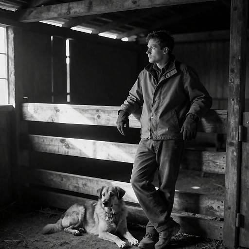 Contemplative Man Leaning on Barn Fence