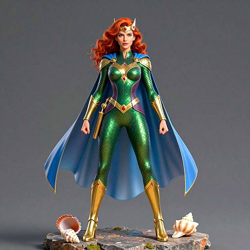 Red-Haired Female Superhero in Green and Gold Bodysuit
