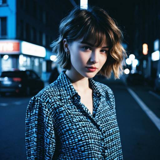 Woman with Short Shag Hairstyle in Urban Night Street