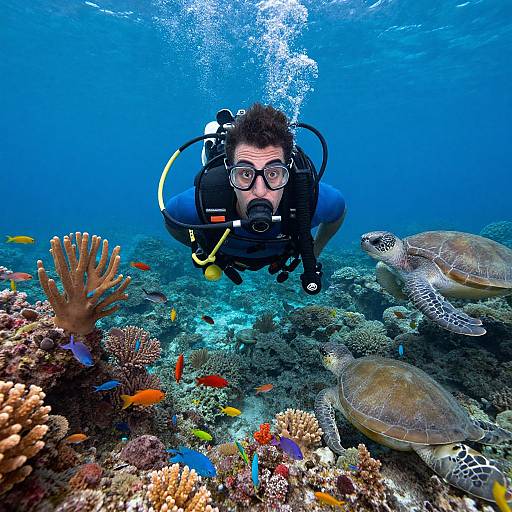Photograph of a scuba-diving man with glasses and black wetsuit, surrounded by colorful fish, coral, and two sea turtles in a
