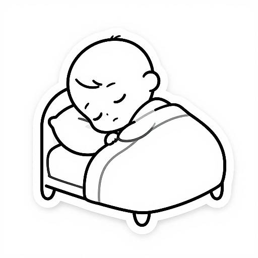 Black and white line drawing of a bald, sleeping person with closed eyes, curled up on a couch, holding a pillow. Simple, minimalistic style