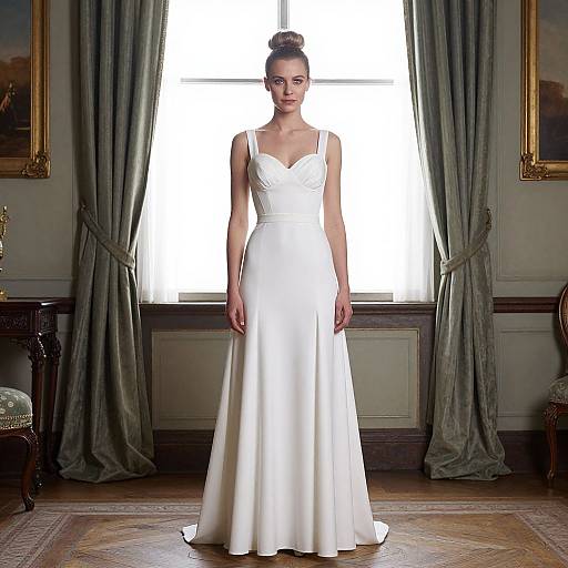 Photograph of a slender woman with fair skin and dark hair in an elegant white wedding dress, standing in a well-lit, classic room with green