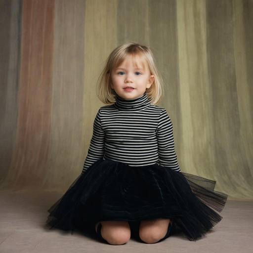 Little Girl in Striped Turtleneck and Black Skirt