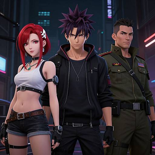 CGI image of three anime-style characters in a neon-lit city: red-haired woman in white crop top and shorts, spiky-haired man in
