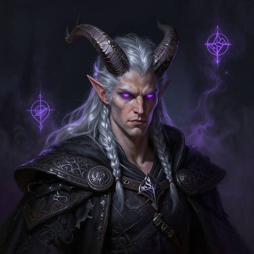 Digital art of a stern, silver-haired demon with glowing purple eyes, large curved horns, and intricate black armor, set against a dark, mystical background