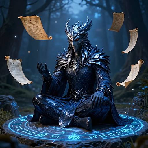 Digital art of a mystical, armored, black-feathered bird-like figure meditating on a glowing blue rune circle in a dark forest, with floating