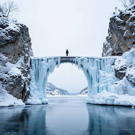 Photograph of a solitary penguin standing on a frozen, icy bridge between two snow-covered, rocky cliffs, with a serene, reflective river below.