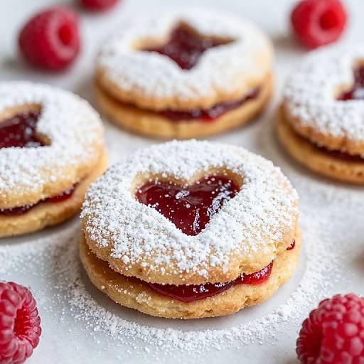 Photograph of sugar-dusted heart-shaped jam cookies with vibrant red raspberry jam, surrounded by fresh raspberries on a white surface.