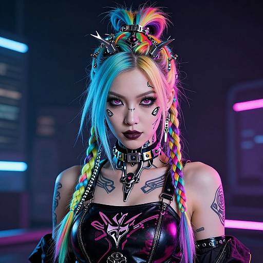 Cyberpunk photo of a tattooed woman with rainbow braids, black leather top, spiked hair accessories, neon-lit background, dark makeup,
