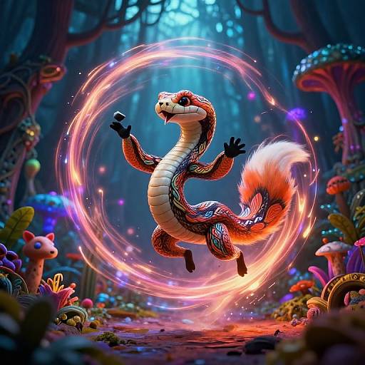 Digitally drawn, vibrant forest scene with a red, white, and black, fox-like creature spinning a glowing, circular magical ring surrounded by colorful mushrooms