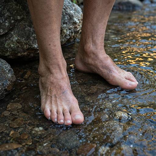 Photograph of bare, slightly wrinkled feet standing in a shallow, rocky stream with sunlight reflecting off the water.