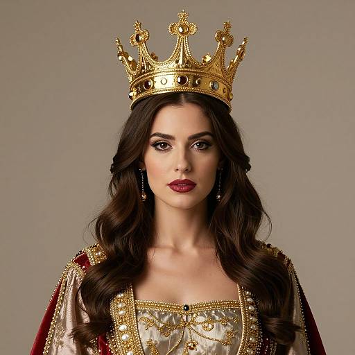 Photograph of a fair-skinned woman with long, dark brown hair, wearing a gold crown, red lipstick, and an ornate, gold-