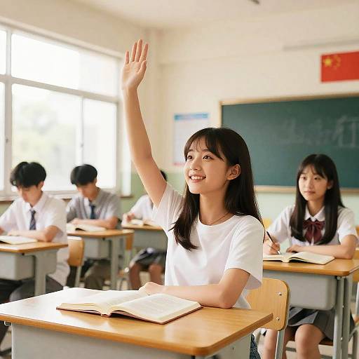 Photograph of Asian schoolgirl with black hair, white shirt, raising hand in bright classroom, other students seated, chalkboard in background.
