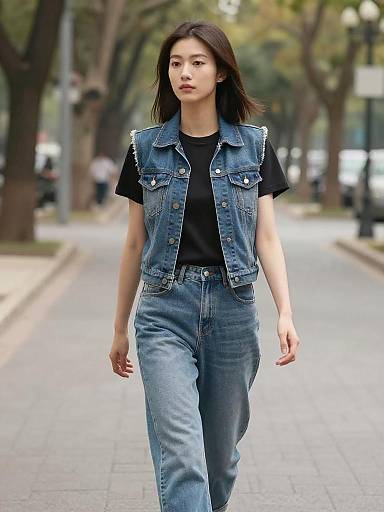 Young Woman Walking in Denim Outfit