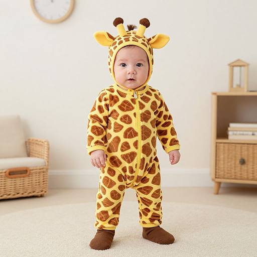 Photograph of a baby in a yellow and brown giraffe onesie with ears and spots, standing in a bright, minimalistic room.