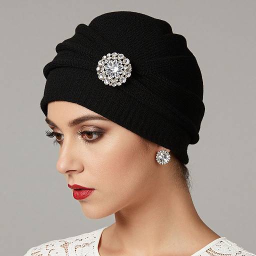 Photograph of a woman with fair skin, red lipstick, black headwrap, and large sparkling diamond earrings, wearing white lace top.