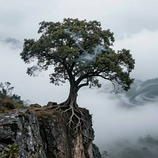 Photograph of a solitary, large tree with exposed roots on a rocky cliff, surrounded by mist and fog, with a swirling sky background.