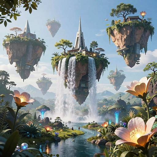 Fantasy CGI landscape with floating islands, towering spires, waterfall, glowing flowers, and lush greenery. Vibrant colors, serene waterway,