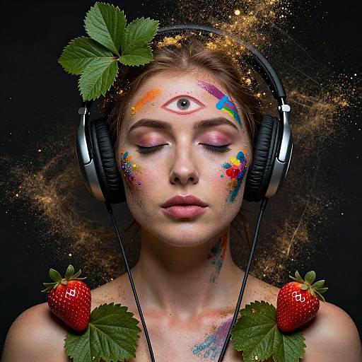 Digital artwork of a woman with a third eye, colorful face paint, headphones, strawberry leaves, strawberries, and cosmic background.