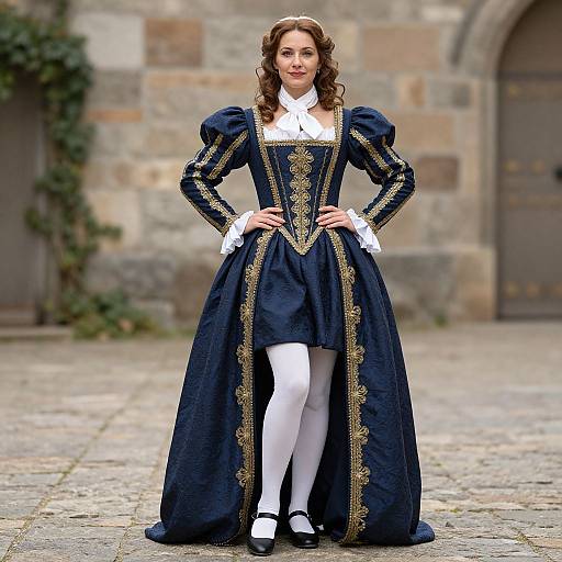 Regal Woman in Navy Blue Historical Costume