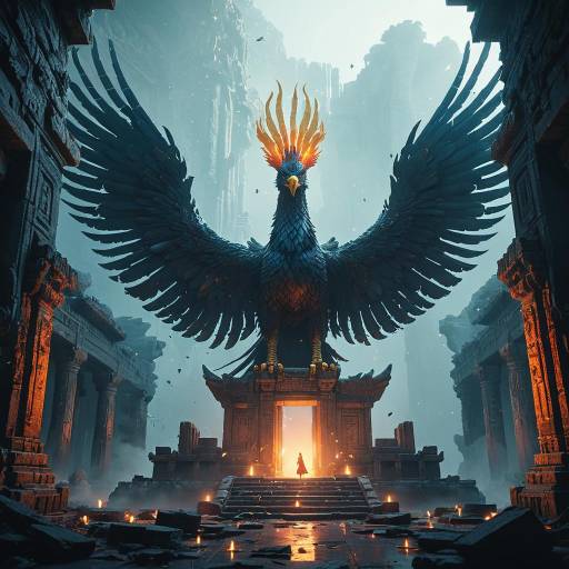 Glowing Phoenix Monument in Ancient Ruins