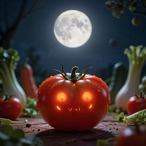 Photograph of a glowing, red, water-dropped tomato under a full moon, surrounded by vegetables in a dark, night-time garden setting.