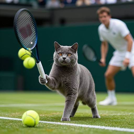 Photograph of a grey cat with orange eyes, holding a tennis racket and chasing a tennis ball on a green grass court, with a blurred male tennis