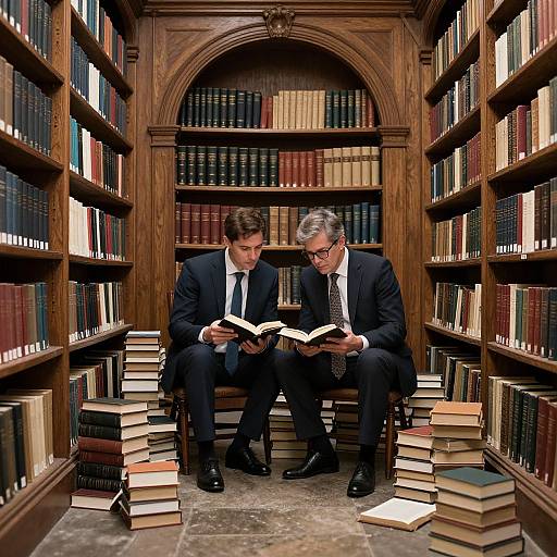 Photograph of two men in suits, sitting on a wooden bench between tall, wooden bookshelves, reading books in a library filled with stacked books
