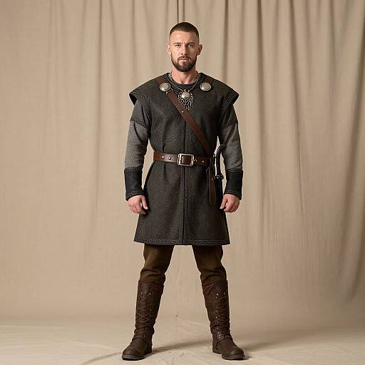 Photograph of a bearded man in medieval-style black tunic with silver shoulder plates, brown belt, and boots, standing against beige curtain backdrop.