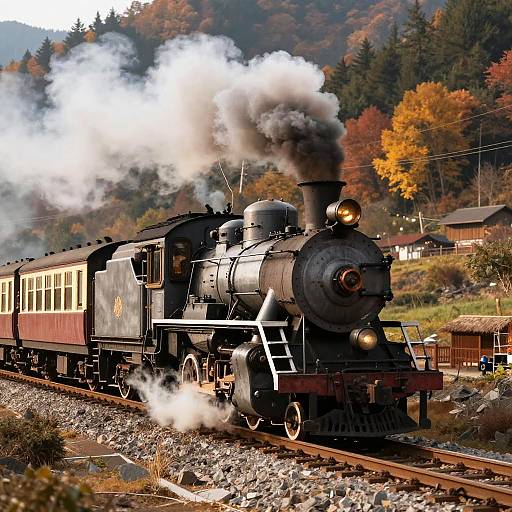 Vintage Steam Locomotive in Autumn Mountains