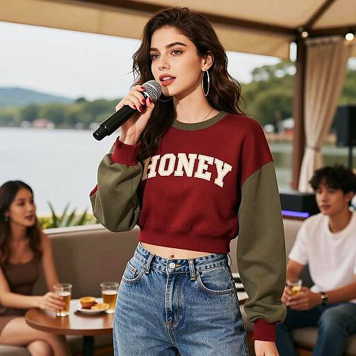 Sporty Chic Woman at Lakeside Karaoke