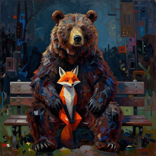 Digital painting of a large, brown bear sitting on a bench, holding a small, bright orange fox with white chest and tail tip, against a dark