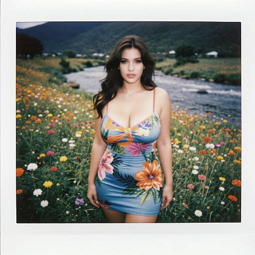 Photograph of a curvy woman with long brown hair, wearing a blue, floral-patterned dress, standing in a colorful wildflower meadow with