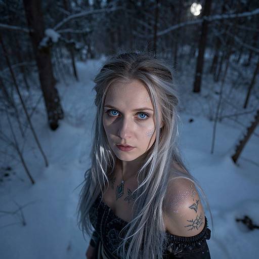 Photograph of a young woman with long silver hair, blue eyes, and tattoos, standing in a snowy forest at night, illuminated by moonlight.
