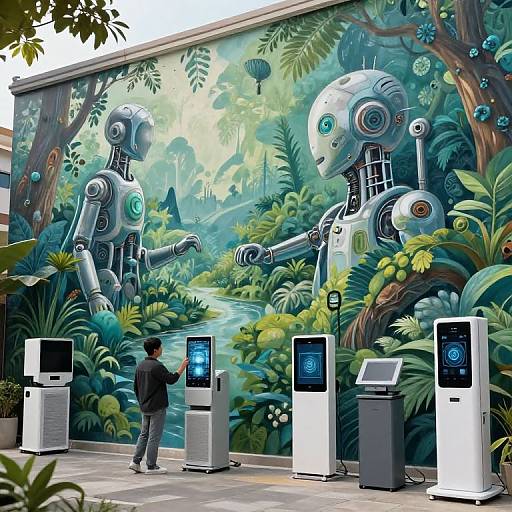 Digital artwork: Two futuristic robots with glowing blue eyes interact in a lush, jungle-themed display wall, beside four touchscreen kiosks and a person using