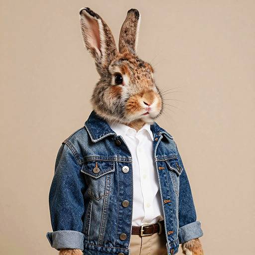 Photograph of a brown rabbit wearing a blue denim jacket over a white shirt, standing against a plain beige background.