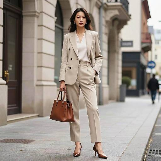 Photograph of a stylish Asian woman in beige blazer and pants, white blouse, red heels, brown handbag, walking on urban sidewalk.