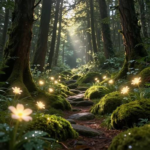 Photograph of a magical forest path illuminated by glowing fairy lights among mossy rocks and lush greenery, with sunlight filtering through tall trees in the background