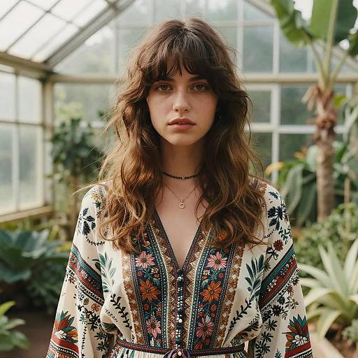Photograph of a young woman with wavy brown hair, wearing a floral-patterned dress, in a lush greenhouse with large windows.