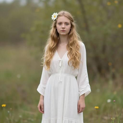 Photograph of a young woman with long, wavy blonde hair, wearing a white, long-sleeved dress and a daisy headband,