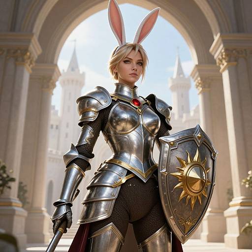 CGI image of a blonde, blue-eyed, armored warrior woman with bunny ears, holding a sun-emblazoned shield, in a sunlit