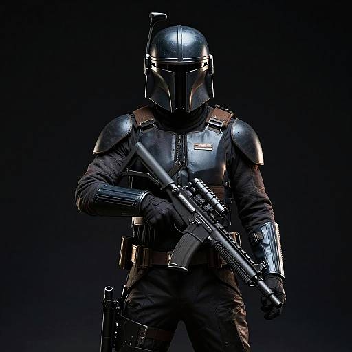 Photograph of a soldier in dark, futuristic armor with a helmet, holding a rifle, against a black background. The armor has metallic shoulder guards and