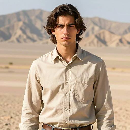 Young Man in Desert with Button-Up Shirt